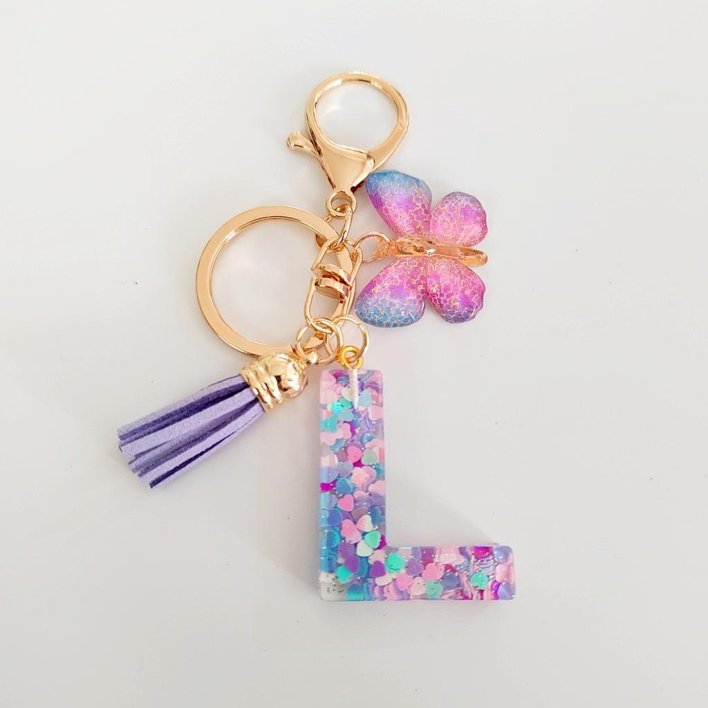Fashion butterfly fringe initial keychain Drop glue Blend sequin A-Z26 letter keychain Cute Ladies Student Bag Accessory Gift