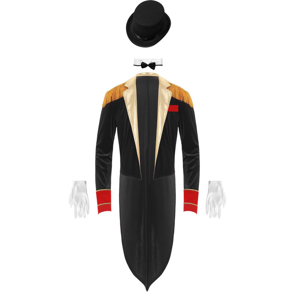 Мужской костюм циркового конферансье, комплект, сюртук с лацканами и бахромой на плечах, длинный рукав, шляпа, воротник, перчатки, карнавальный косплей