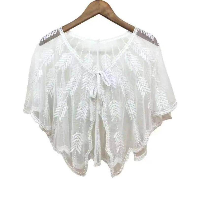 Ретро 1920-х годов, шаль с блестками и бисером, винтажная вечерняя накидка из прозрачной сетки с вышивкой в ​​виде листьев, женское болеро, аксессуары для вечеринок