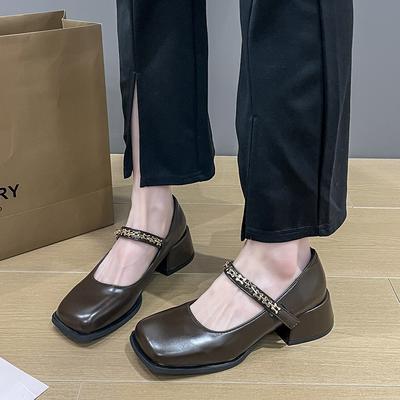 Модная Ретро Женская Обувь Осень Женская Обувь Квадратный Носок Удобная Осень Лето Платье Новые Туфли-Лодочки Высокие Мэри Джейн Обувь с Квадратным Носком