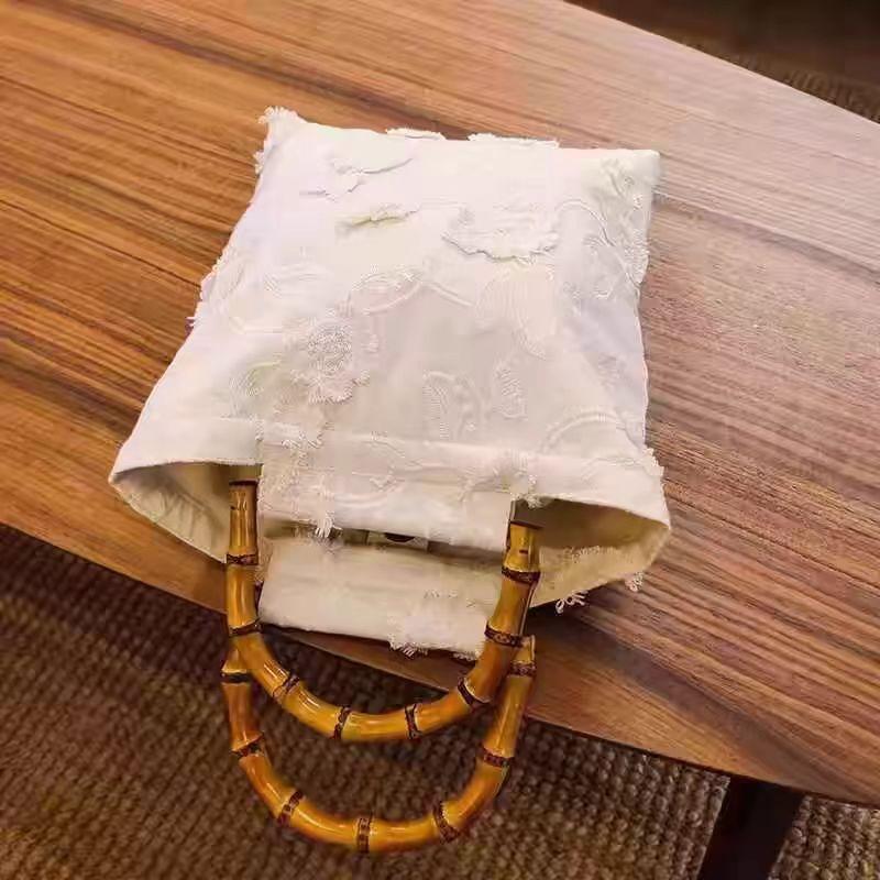 Xiaohongshu Плавающий Зеленый Дом Литература и Искусство Ретро Новый Китайский Стиль, Художественное Чувство Текстура Вышивка Кисточка Хлопок Белый Цветок Бамбуковая Сумка