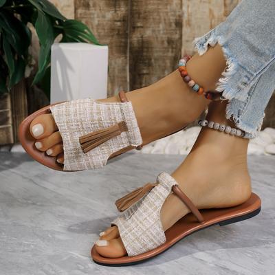 Женские повседневные пляжные шлепанцы для отпуска 2025 Лето Новая мода Бахрома Уличная обувь на плоской подошве Сандалии с открытым носком Zapatos De Mujer Слайды