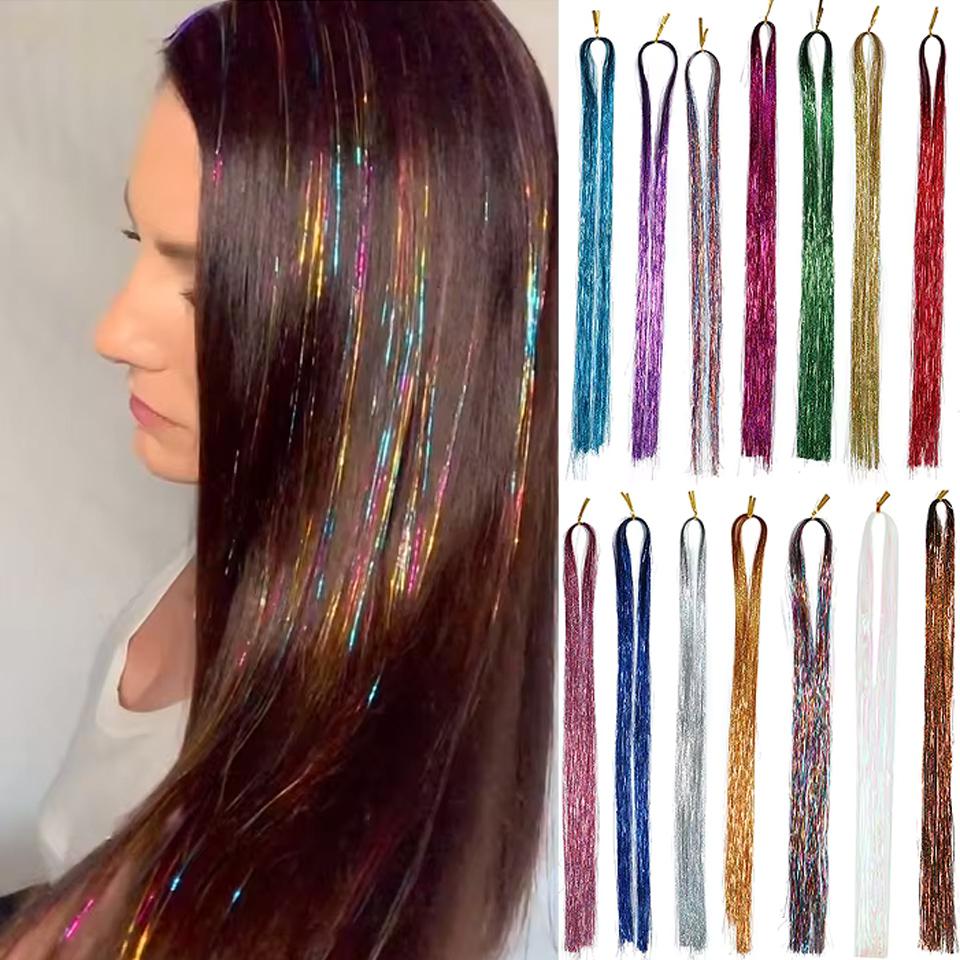 WTB Synthesis Neon Rainbow Sparkle Shiny Hair Tinsel Rainbow Silk Hair Extensions Dazzles Women Hippie for Braiding Headdress