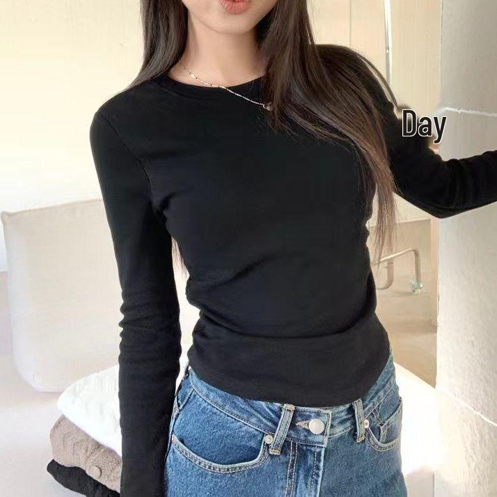 Women's Slim Fit Autumn Chic Long Sleeve Top - Solid Color & Fashionable Petite Innerwear