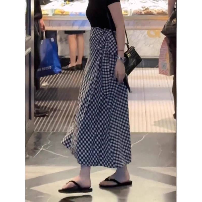 Cotton Blend Plaid Midi Skirt With High Waist For Summer Casual Wear