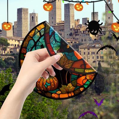 2025 Хэллоуин Цветные витражные наклейки на окно 'Замок ужасов' Двусторонние ПВХ Без клея Для гостиной Торгового центра Школы Бара