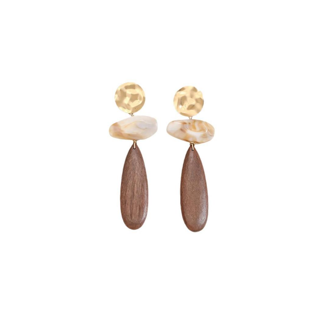 Retro Geometric Coffee Faux Wood Oval Dangle Earrings
