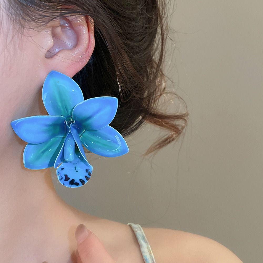 Silver Needle Flower Stud Earrings Epoxy Resin Vacation Style Earrings Women