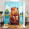 A cheerful guinea pig holding two drinks by a lake in a colorful setting. for all seasons blanket lunch break throw gift