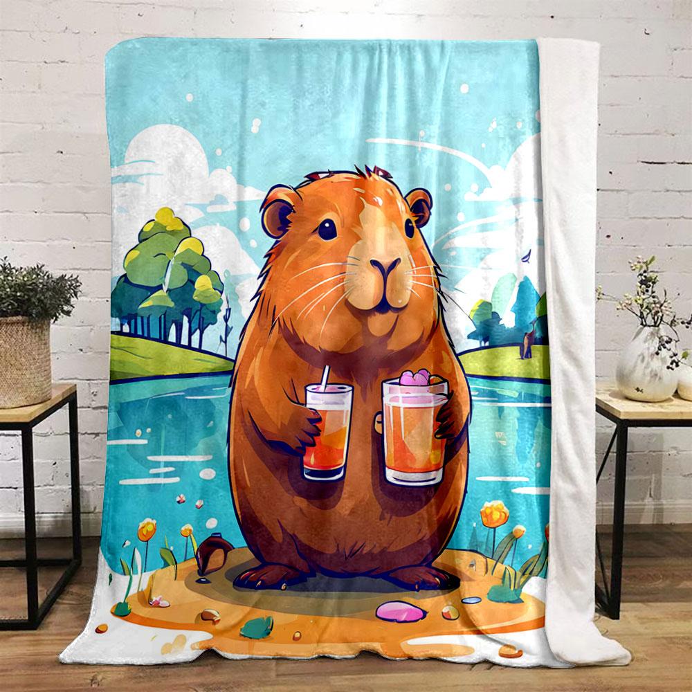 A cheerful guinea pig holding two drinks by a lake in a colorful setting. for all seasons blanket lunch break throw gift