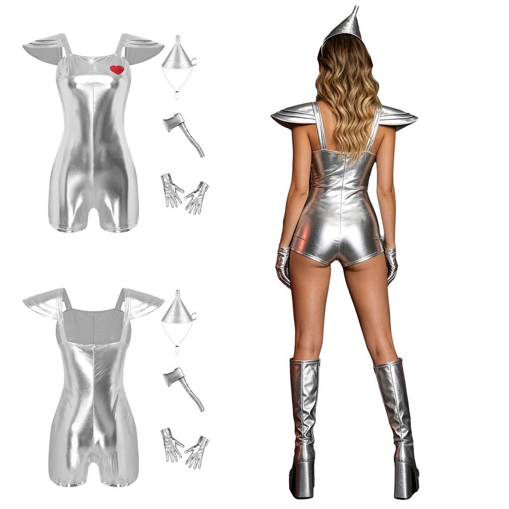 Women Halloween Cosplay Sequin Heart Metallic Jumpsuit Tiered Cap Sleeve Back Hidden Zipper Bodysuit with Hat Axe Gloves for Stage