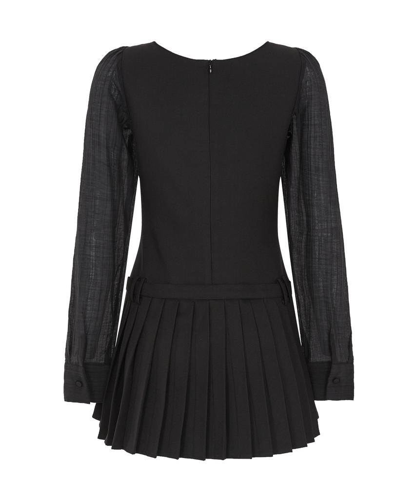 Iligo Preppy Ribbon Pleated Dress Black