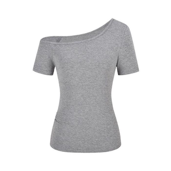 Весна 2025 Женская футболка с открытыми плечами, облегающего кроя - Однотонная, пуловер с короткими рукавами