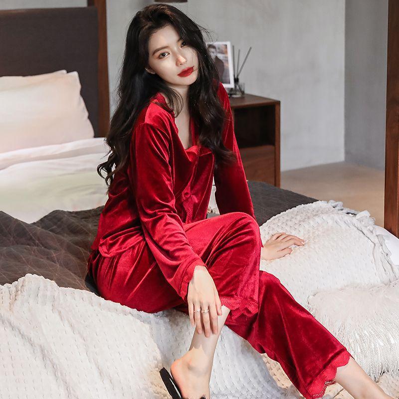 Womens Velvet Pajamas Set Long Sleeve Button Up Sleepwear Soft Two Piece Lace Ruffles Autumn Winter Spring