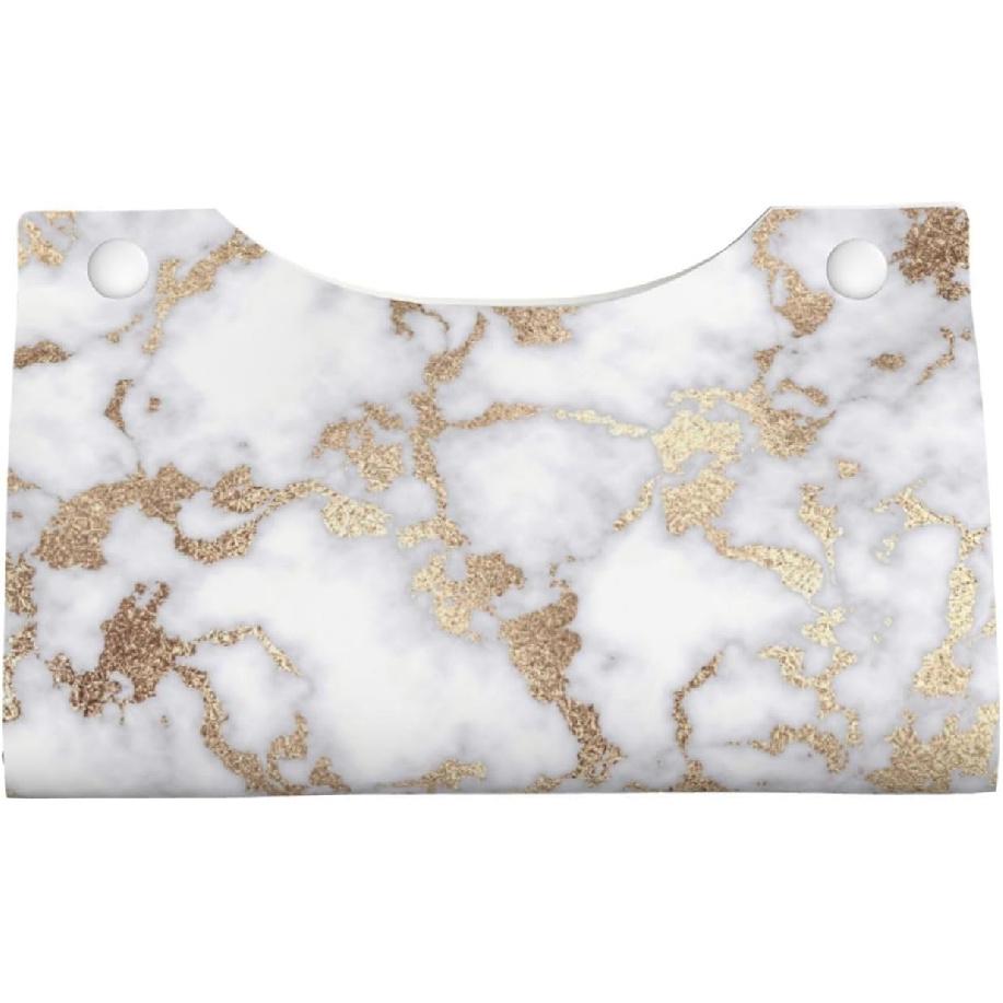 Modern Chic White Gold Foil Marble Tissue Box Cover Rectangle PU Leather Facial Case Paper Holder Organizer for Decor Bathroom Vanity Countertop