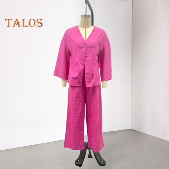 Женский комплект из двух частей из хлопка и льна, топ с длинным рукавом и V-образным вырезом на пуговицах, широкие брюки, повседневная домашняя одежда