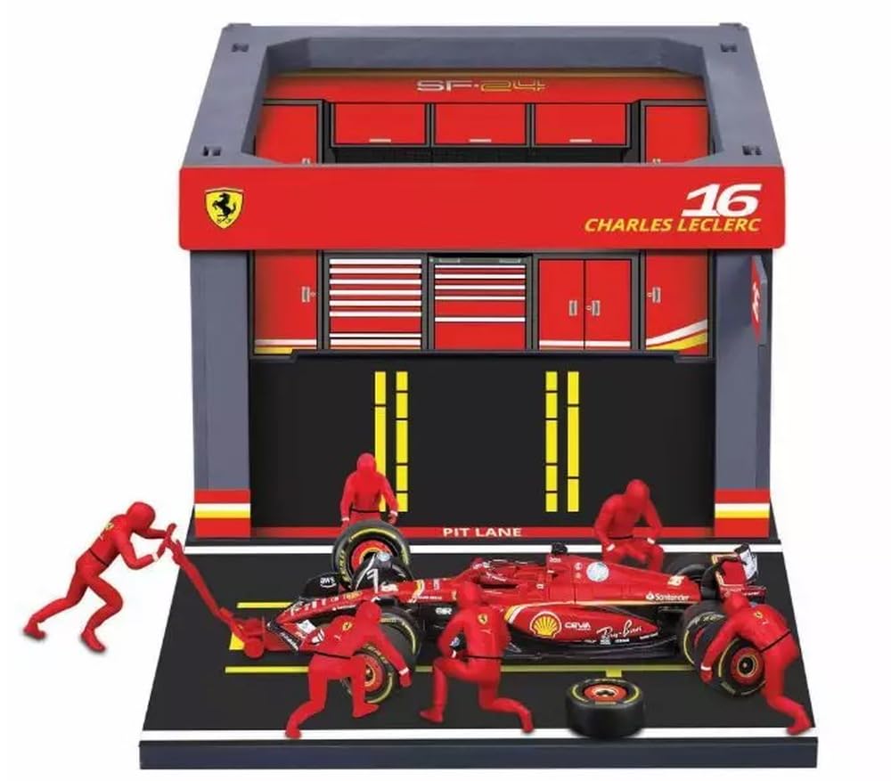 Kyosho BURAGO Набор PIT PASS Ferrari Леклер x Paddock 1/43 SF-24 №16 C. (Экипаж 6 шт., Гараж) 18-36862L