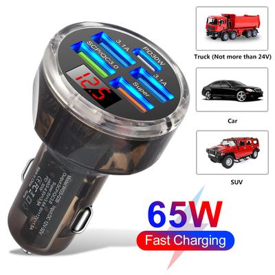 Автомобильное зарядное устройство USB с 5 портами, цифровой дисплей, 4 USB + Type-C PD 30 Вт/QC3.0, адаптер прикуривателя для iPhone Xiaomi Huawei Samsung
