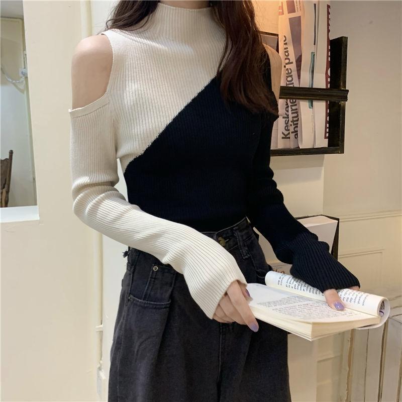 Свитер женский, полуводолазка без бретелек, сексуальный пуловер, трикотаж, тонкий корейский лоскутный топ, модный свитер, осенне-зимний джемпер