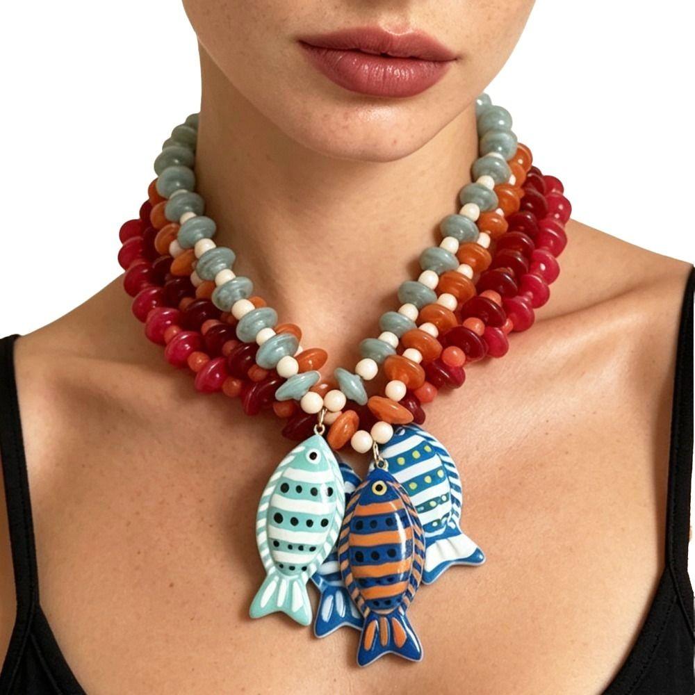Starfish Shell Charm Fish Starfish Pendant Necklace Colorful Beads Boho Necklace Jewelry Gifts