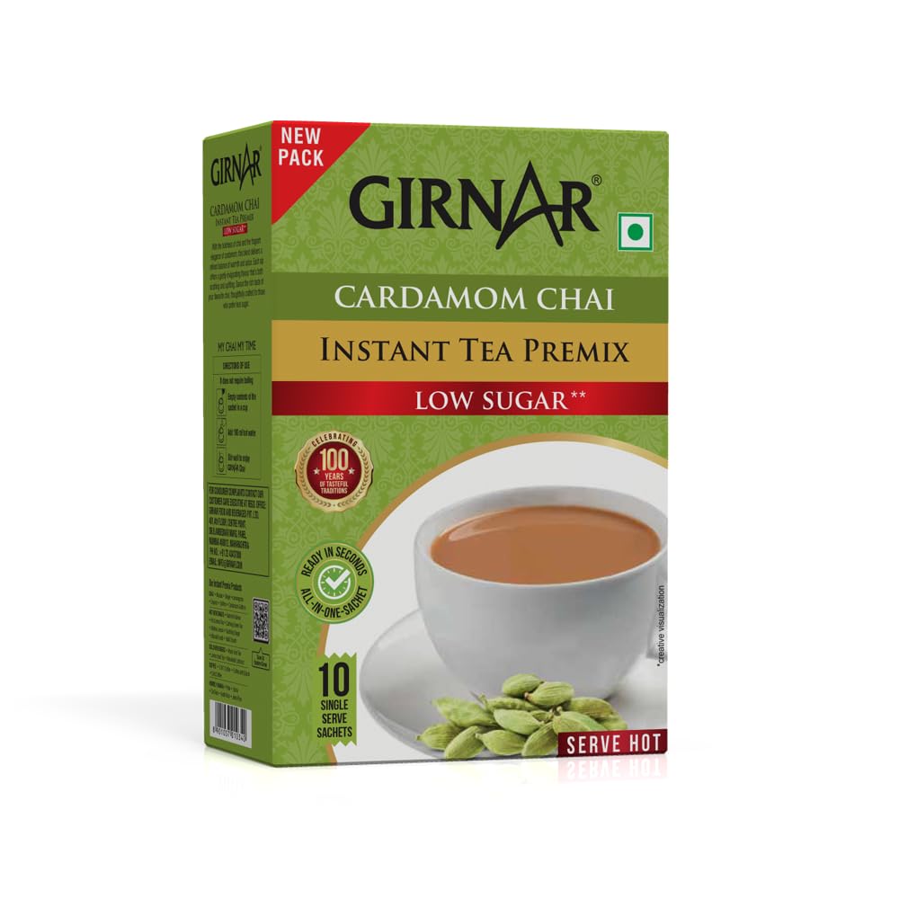 Girnar Мгновенная смесь для чая с кардамоном Низкое содержание сахара 10 пакетиков Ассам Без кофеина Освежающий напиток