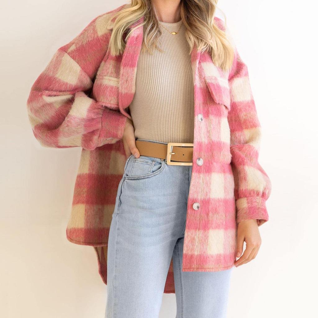 Модные женские повседневные топы в клетку с длинным рукавом и воротником-стойкой, пальто