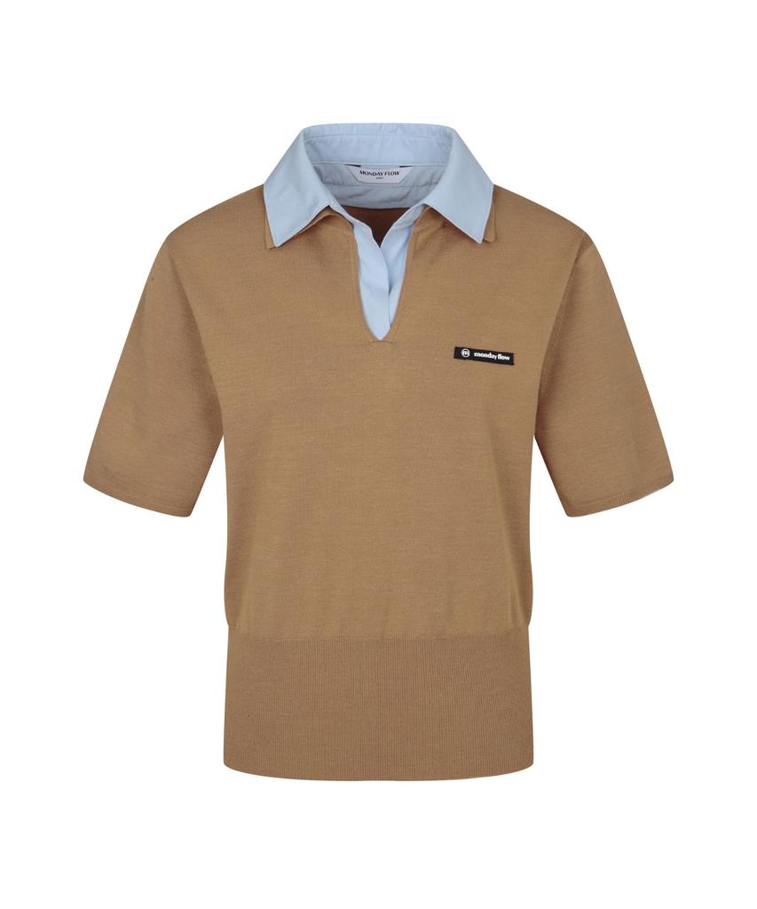 MONDAYFLOW Shirt Layered Knit Top Short Sleeve_Camel