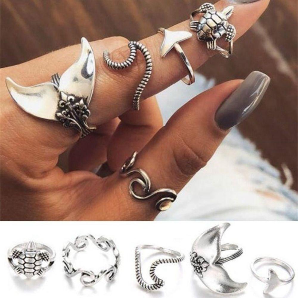 5PCS Geometric Charm Jewelry set Rings Set Whale Tail Waves/Turtle Finger Ring