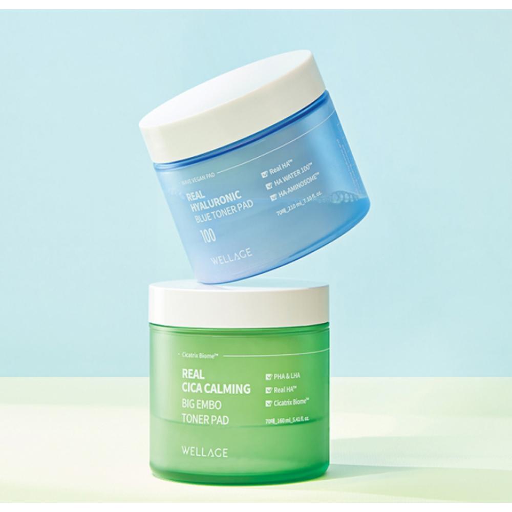WELLAGE Real Hyaluronic Blue 100 ампул 100 мл + 70 синих тонер-дисков 210 мл, набор, 1 набор
