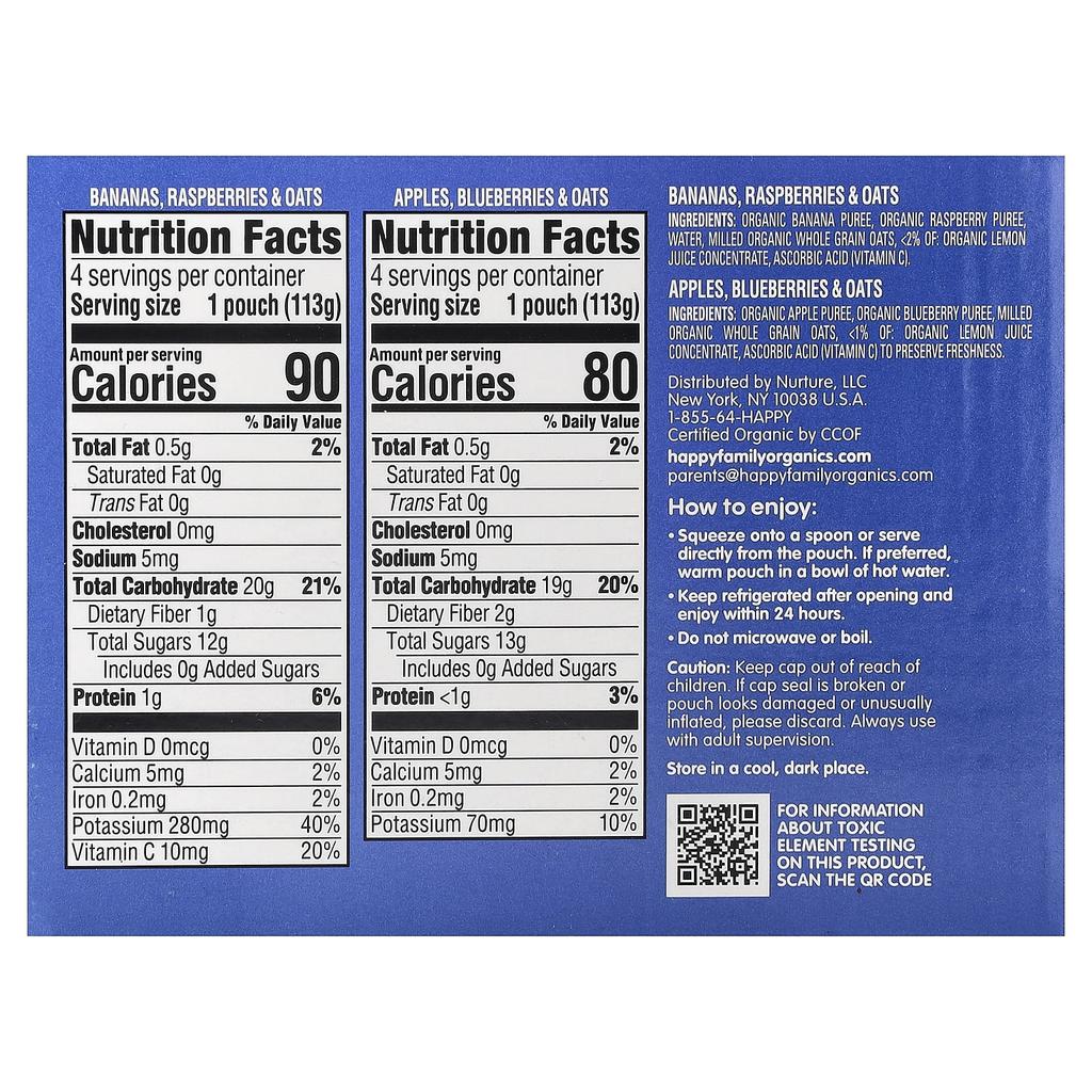 Happy Family Organics Happy Baby®, 6+ Months, Organic Fruit & Oat, Variety Pack, 8 Pack, 4 Oz (113 G) Each