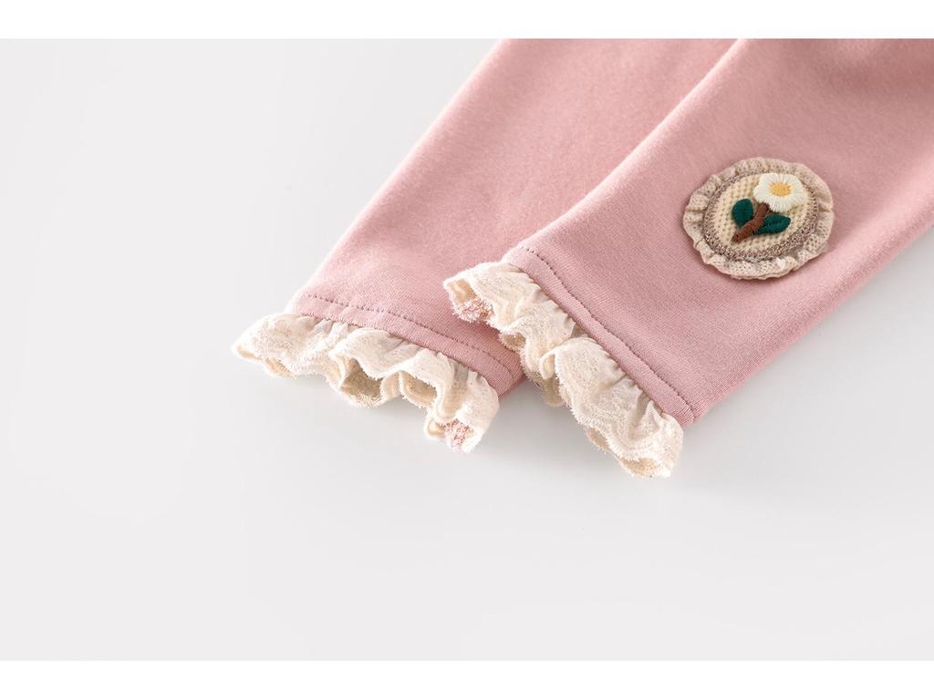 Осень 2025 Леггинсы для девочек: Цветочная аппликация, кружевная отделка, однотонная для младенцев и детей