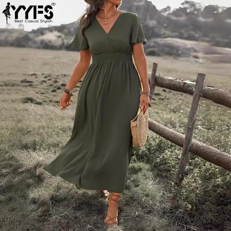 YYFS Women's Fashion Summer Spring Solid Color Print Short Sleeve V-Neck High Waist Casual Dresses