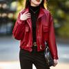 Red Short Soft Leather Jacket for Women Spring Autumn Loose Fit Casual Coat Petite Size