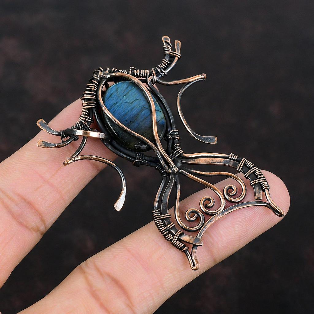 Кулон из лабрадорита, обмотанный медной проволокой, кулон ручной работы, украшение с натуральным драгоценным камнем, украшение из лабрадорита, подарок для нее, совершенно новый кулон