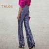 Women Elastic High Waist Flared Pants Sequins Decor Slim Fit Long Trousers High Street Long Pants Streetwear