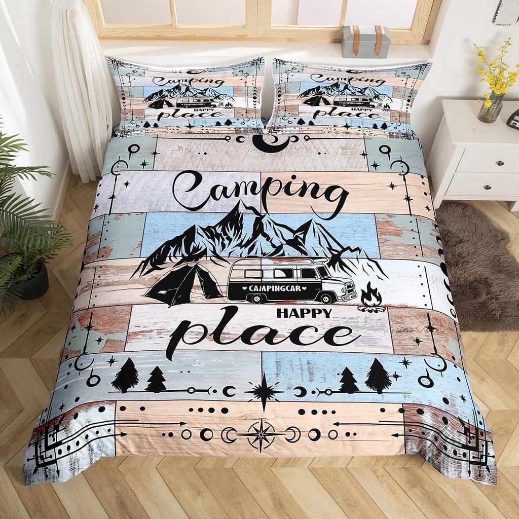Hand Painted Mountain Decor Duvet Cover Set Queen King Size Happy Camping Kids Bedding For Boys Girls 3 Pcs With 2 Pillowcases