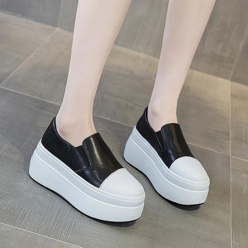 Fashion 8CM Casual Shoes Women's New Platform Heel Women Round Toe 2024 White Shoes Fashion Breathable Thick Bottom Slip Loafers Women