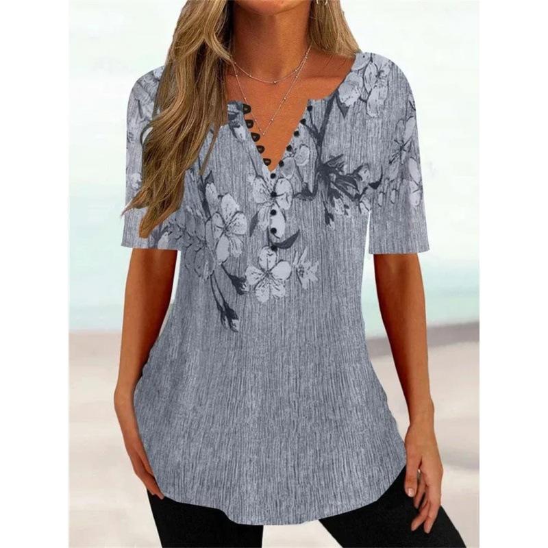 Trendy And Cool Women's Summer Loose V-neck Pullover Short-sleeved Button Printed T-shirt