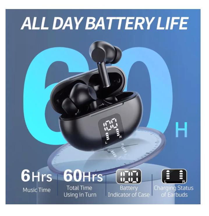 2025Беспроводные наушники Bluetooth 5.3 Наушники 60 часов воспроизведения Светодиодный дисплей питания Вкладыши Микрофон Шумоподавление Стереозвук Наушники