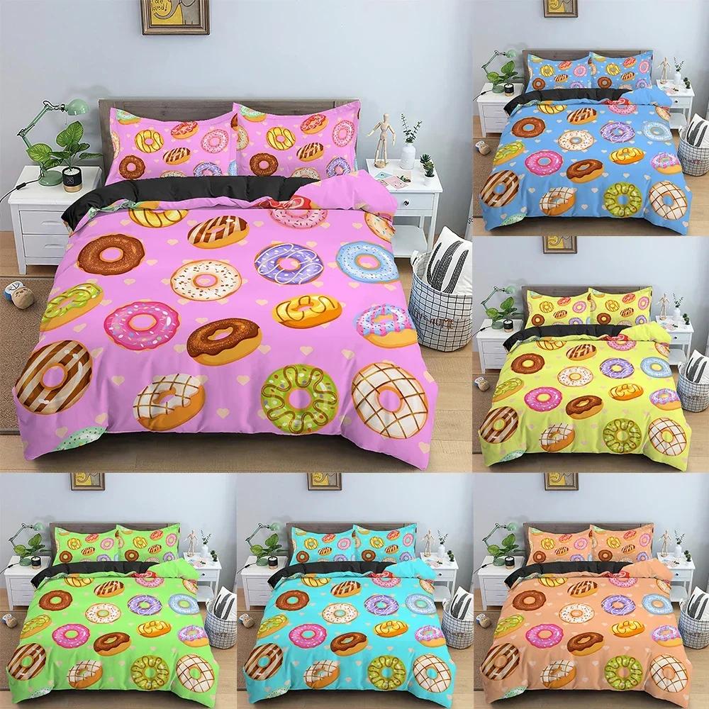 Donut Print Comfortable Duvet Quilt Cover Pillowcase Bedding Set Children Bedroom Decoration Home Textile