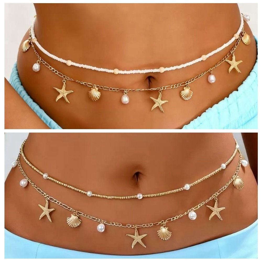 2 Pcs/set Gold Starfish Waist Chain Shell Belly Chains Elegant Beads Body Chain Summer