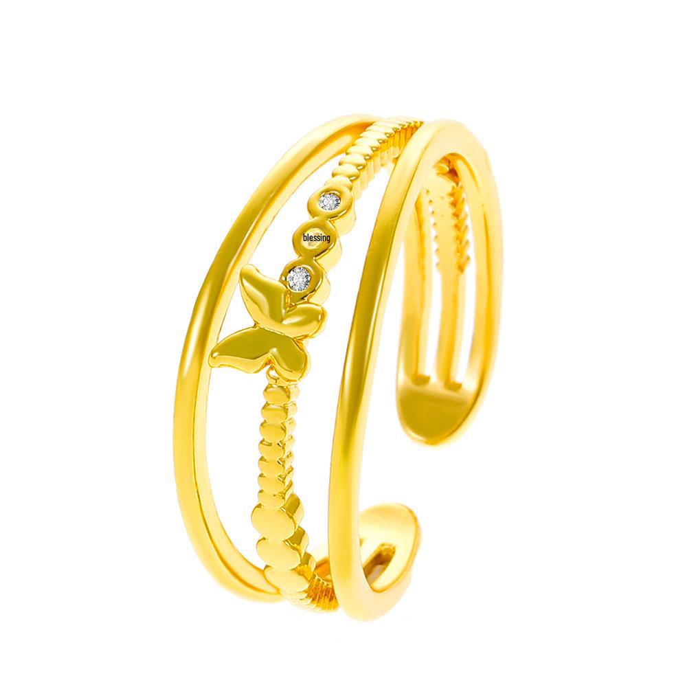Elegant Geometric Butterfly Ring with Zircon Inlay - Adjustable Double-Layer Design for Women