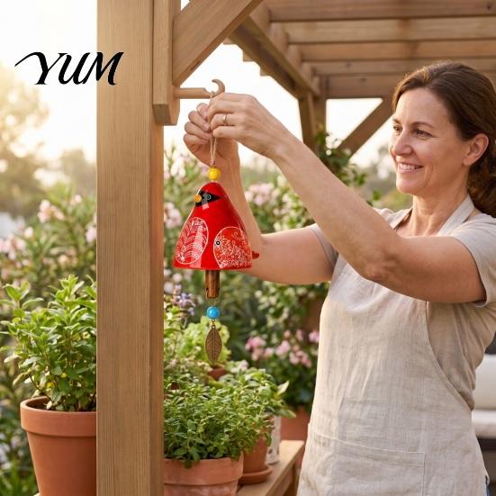 Healing Garden Sound Decor Bird Wind Chime with Bell, Hand-Painted Resin Hanging Decoration Unique Housewarming Gifts for Patio Porch, Outdoor