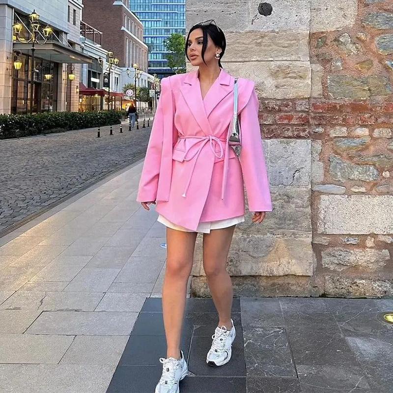Женский блейзер с лацканами, завязывающимся поясом, пиджак, свободная повседневная и офисная куртка 2025 весна/лето, тонкое пальто с длинным рукавом