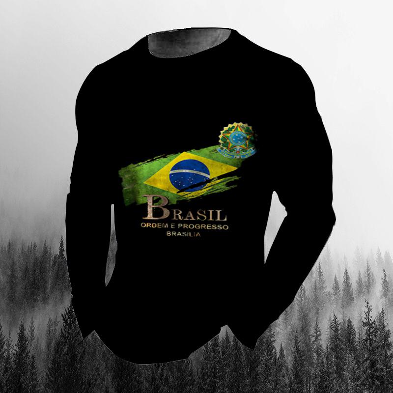 Винтажная осенняя мужская футболка с 3D принтом бразильского флага и круглым вырезом, повседневная футболка большого размера с длинными рукавами, модный пуловер, мужская одежда