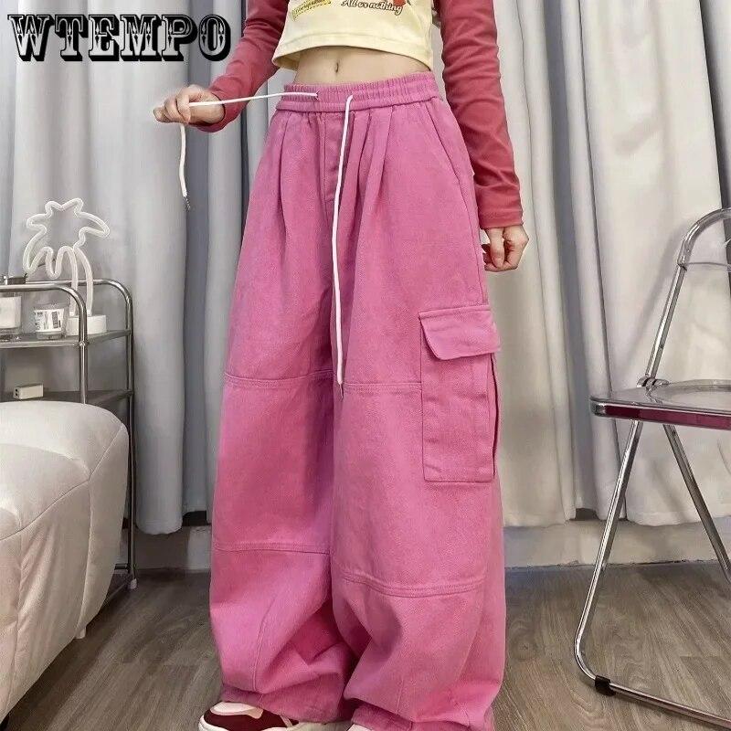 WTEMPO Розовые мешковатые брюки-карго Y2K на шнуровке, женские спортивные штаны с эластичной резинкой на талии, брюки, винтажные уличные широкие джинсы