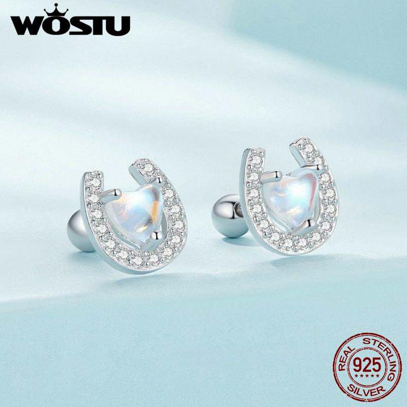 WOSTU Стерлингового серебра 925 пробы в форме сердца, подкова из лунного камня, круглые беруши и серьги для женщин, ювелирные изделия