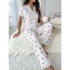 Lace Trim Women Pajama Set Short Sleeve Front Button Top Full-Length Pants Cherry Print 2 Pieces Sleepwear Nightwear Homewear