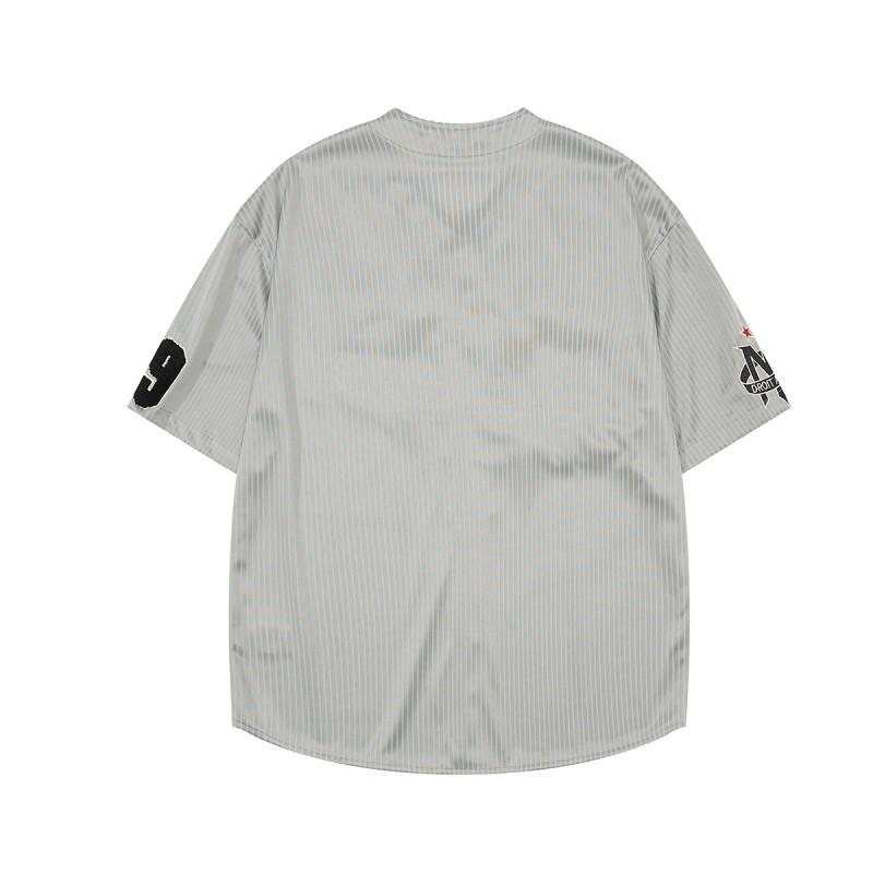 Mens Loose Fit Striped Baseball Shirt With Embroidery Retro American Style Casual Short Sleeve Top Fall
