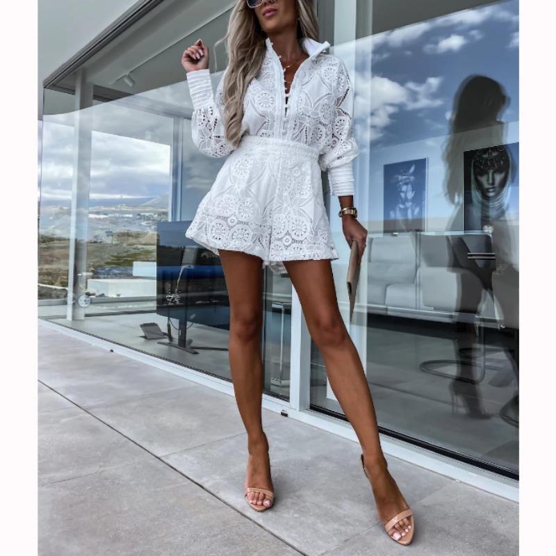 Fashion Casual Long Puff Sleeve Shirt Top Loose Shorts Vacation Outfits Women Summer Lace Hollow Out Shorts Set